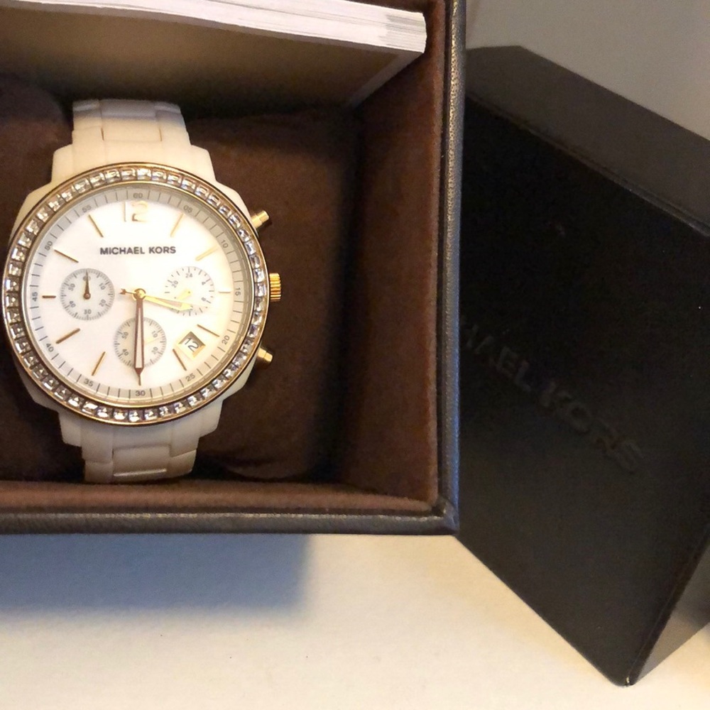 Michael Kors White Acrylic Crystal Dial Gold Tone